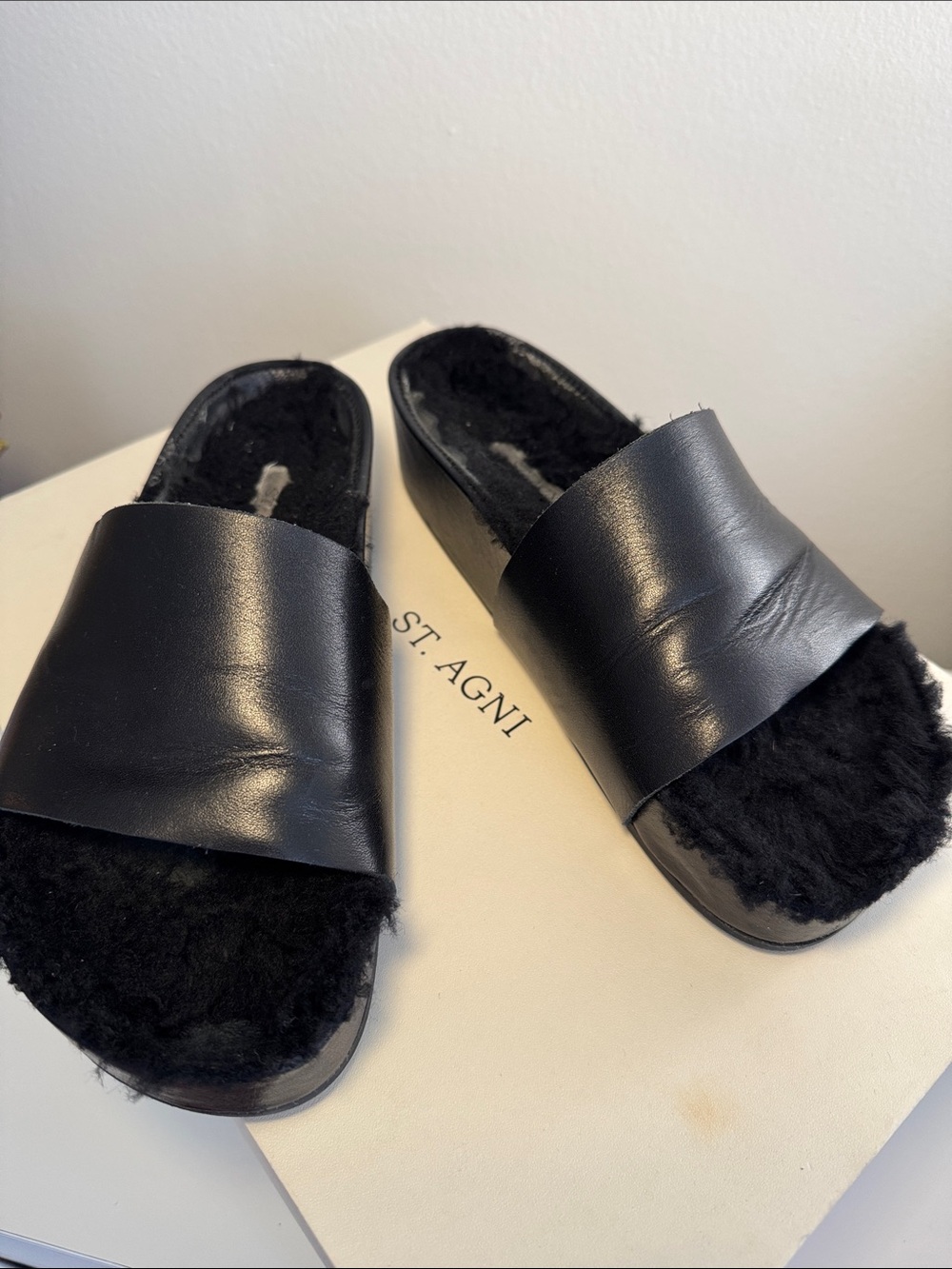 St. Agni Black Leather Shearling Slide Sandals